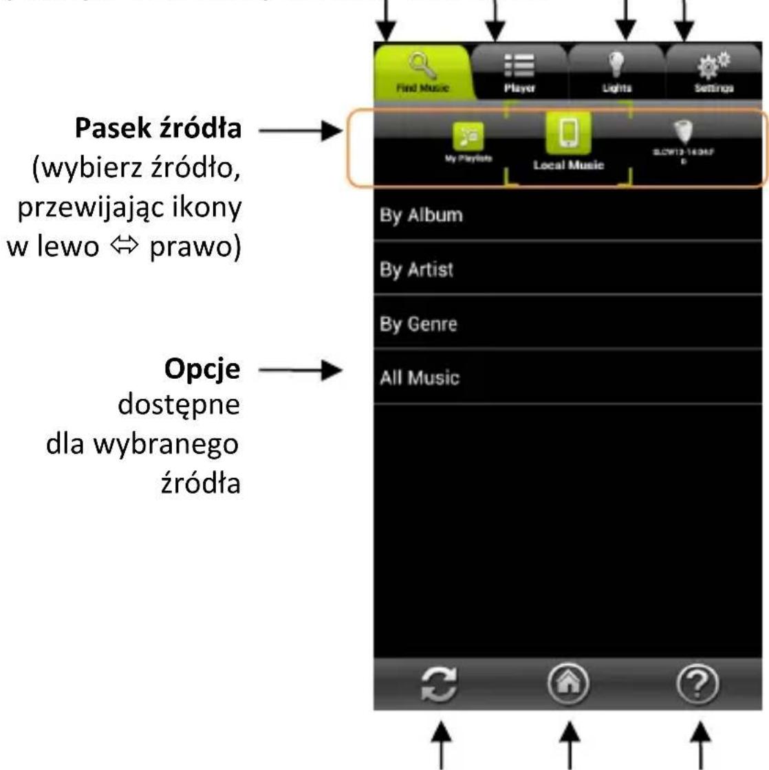 Pasek źródła (wybierz źródło, przewijając ikony w lewo ⇌ prawo) Opcje dostępne dla wybranego źródła