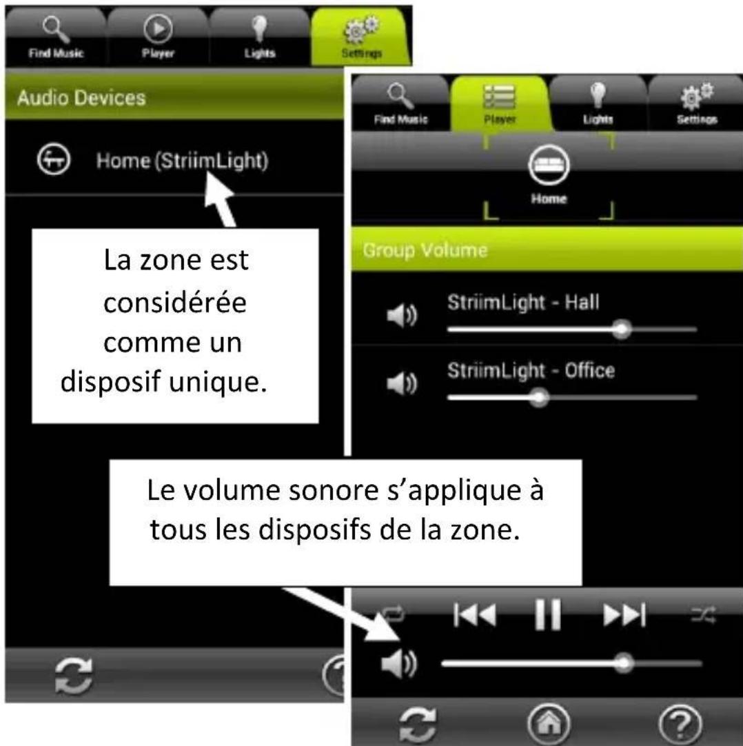 Find Music Player Lights Settings Audio Devices Home (StriimLight) La zone est considérée comme un dispositif unique. Group Volume StriimLight - Hall StriimLight - Office Le volume sonore s'applique à tous les disposifs de la zone.