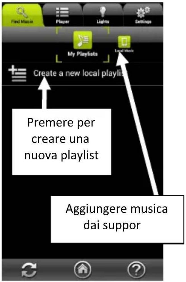 Find Music Player Lights Settings My Playlists Local Music Create a new local playlist Premere per creare una nuova playlist Aggiungere musica dai suppor