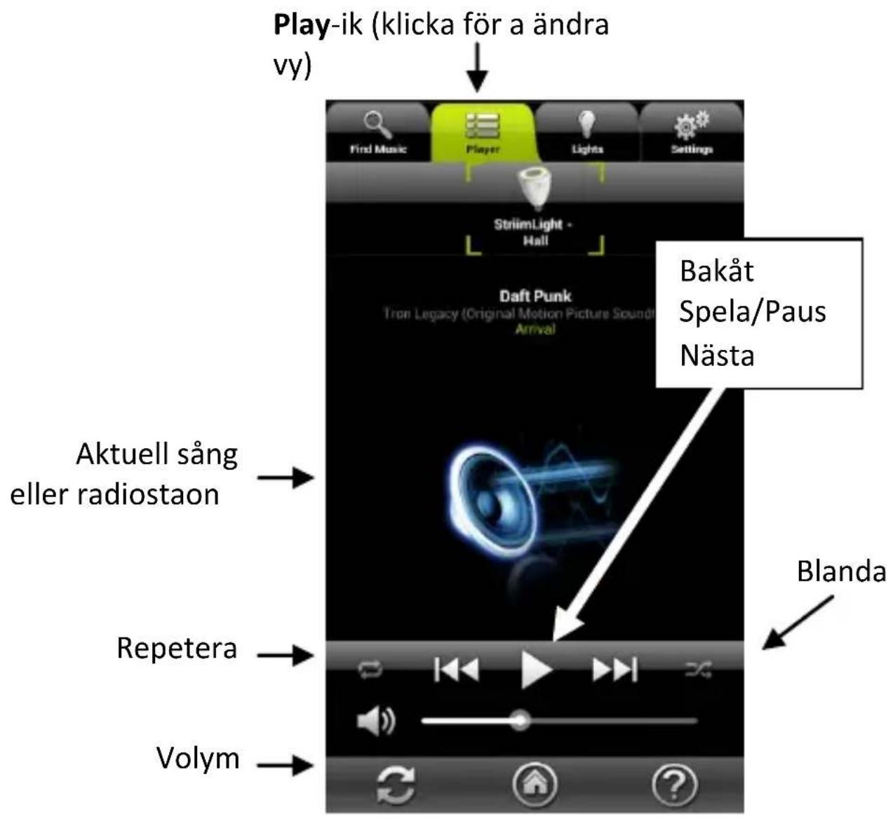 Play-ik (klicka för a ändra vy) Find Music Player Lights Settings StrilimLight - Hall Daft Punk Tron Legacy (Original Motion Picture Soundt Arrival) Bakåt Spela/Paus Nästa Aktuell sång eller radiostoon Blanda Repetera Volym