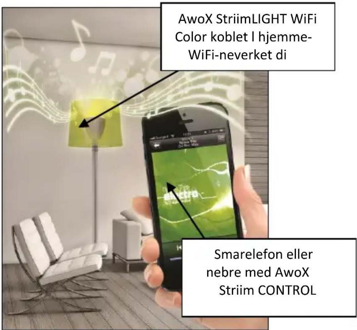 AwoX StriimLIGHT WiFi Color koblet I hjemme- WiFi-neverket di Smarelefon eller nebre med AwoX Striim CONTROL