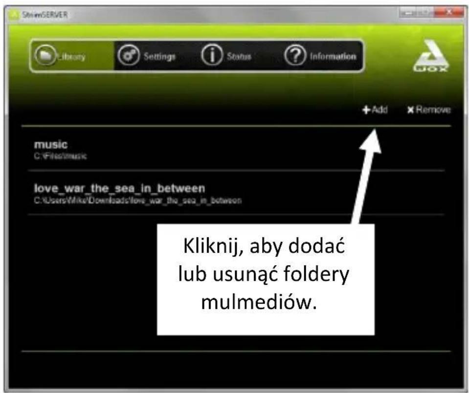 ShimSERVER Library Settings Status Information + Add Remove music C:\Files\music love_war_the_sea_in_between C:\Users\Mike\Downloads\love_war_the_sea_in_between Kliknij, aby dodać lub usunąć foldery mulmediów.