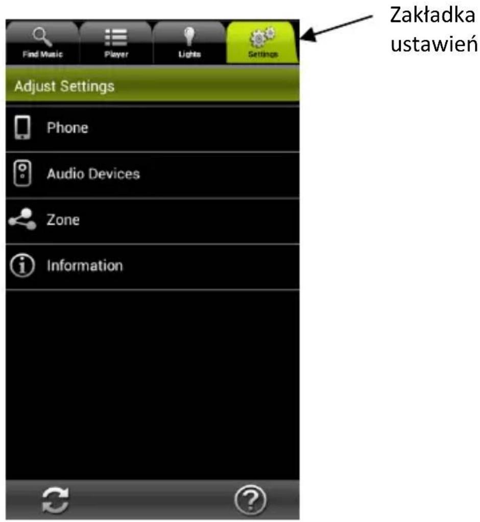 Find Music Player Lights Settings Zakładka ustawień Adjust Settings Phone Audio Devices Zone Information