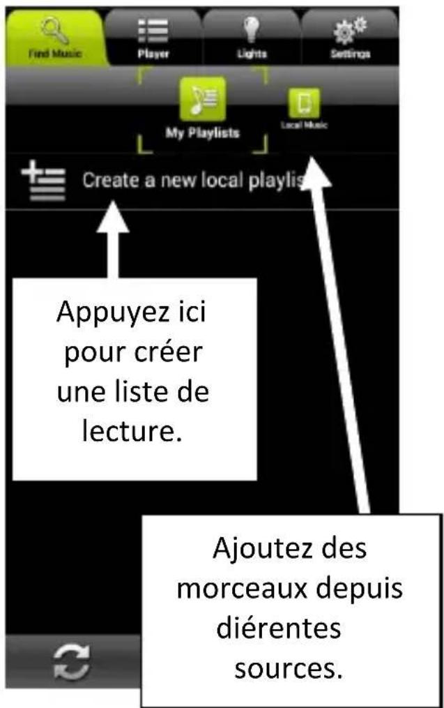 Find Music Player Lights Settings My Playlists Local Music Create a new local playlist Appuyez ici pour créer une liste de lecture. Ajoutez des morceaux depuis diérentes sources.