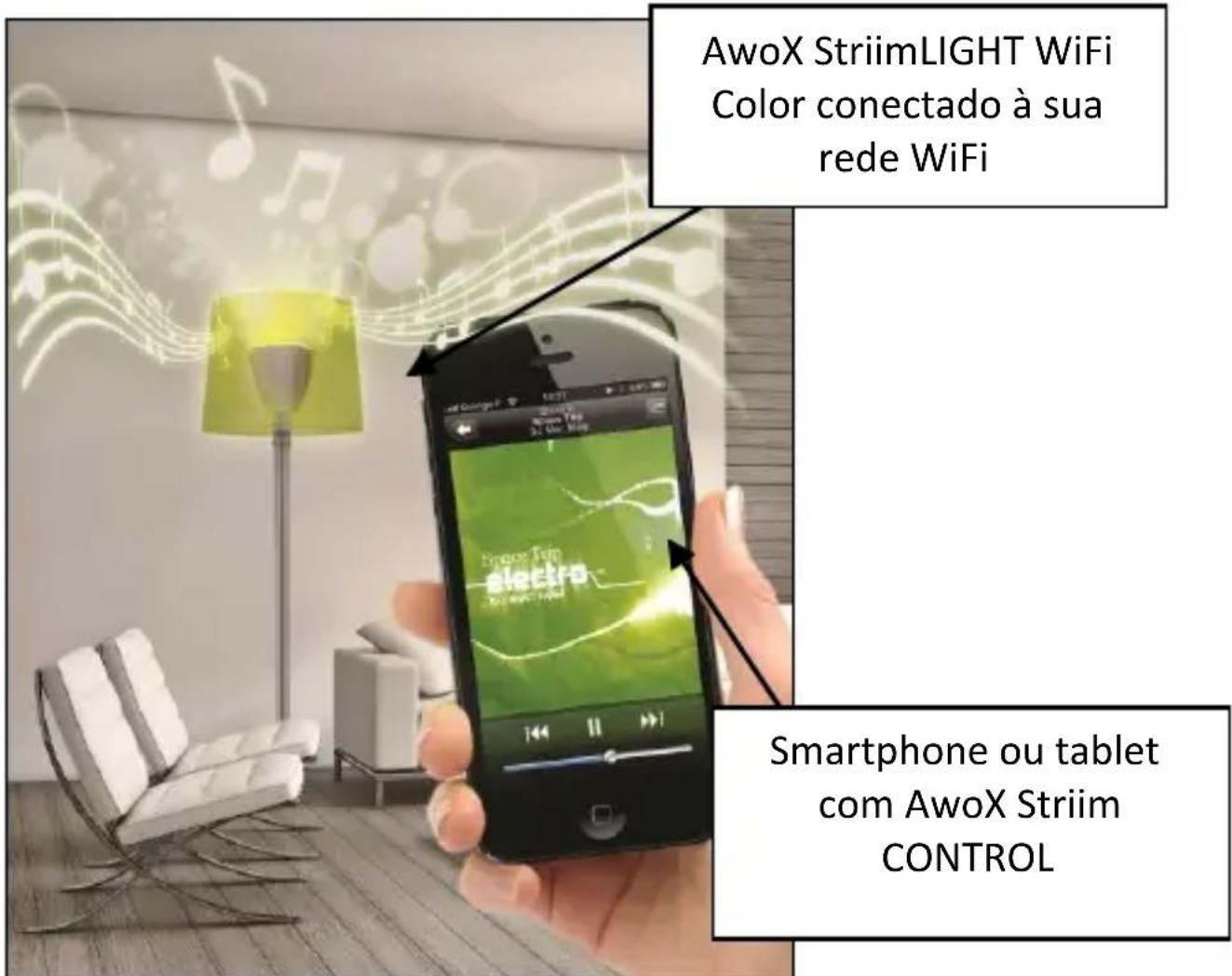 AwoX StriimLIGHT WiFi Color conectado à sua rede WiFi Smartphone ou tablet com AwoX Striim CONTROL