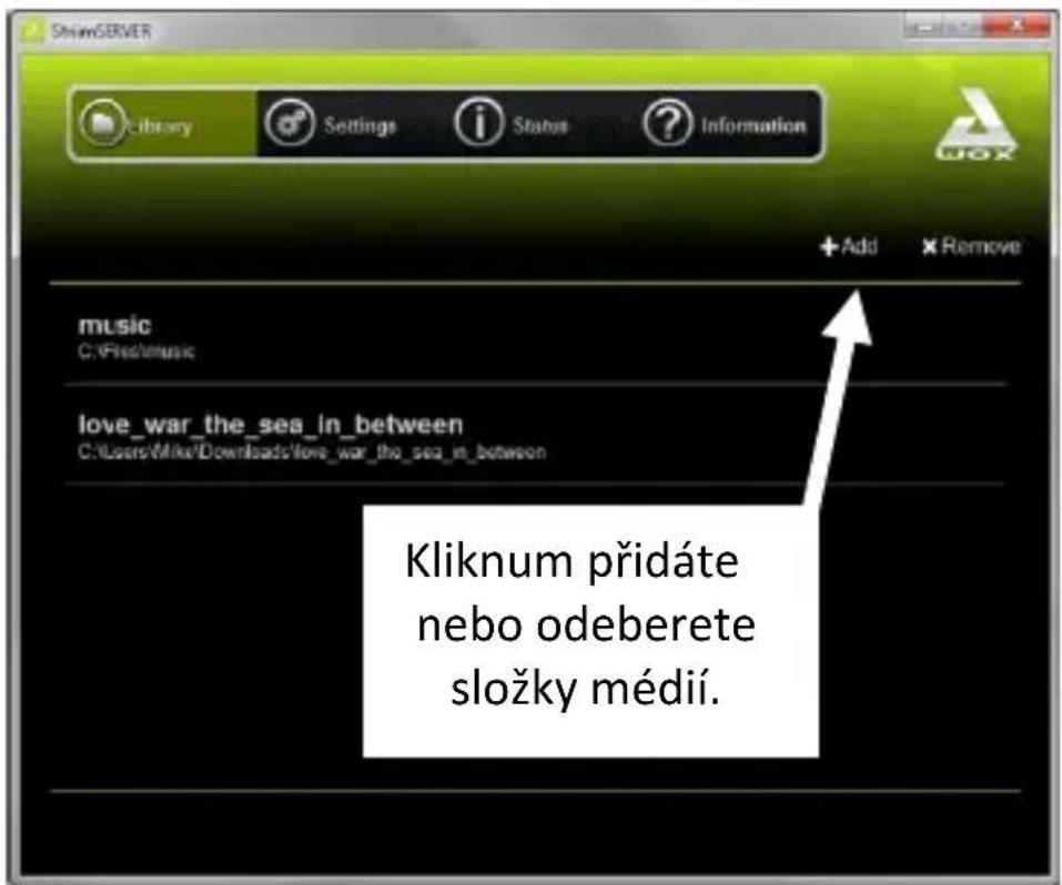 ShimSERVER Library Settings Status Information + Add Remove music C:\Fies\music love_war_the_sea_in_between C:\Users\Mike\Downloads\love_war_the_sea_in_between Kliknum pridáte nebo odeberete složky médií.