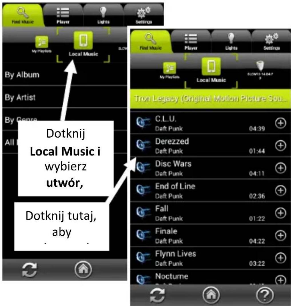 Dotknij Local Music i wybierz utwór, Dotknij tutaj, aby