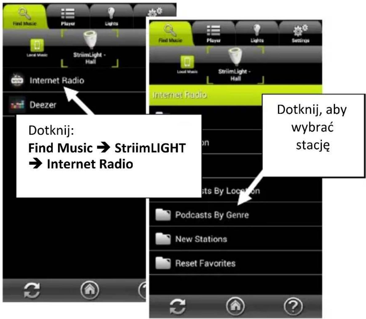 Dotknij: Find Music → StrimLIGHT → Internet Radio Dotknij, aby wybrać stację