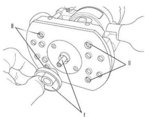 Technical diagram of a mechanical assembly with labeled components and directional arrows indicating motion or force vectors.