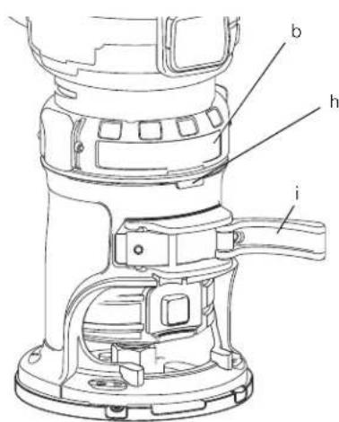 Technical diagram of a mechanical device with labeled parts (i, b, h)