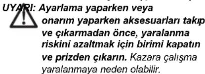 UYARI: Ayarlama yaparken veya onarım yaparken aksesuarları takıp ve çıkarmadan önce, yaralanma riskini azaltmak için birimi kapatın ve prizden çıkarın. Kazara çalışma yaralanmaya neden olabilir.