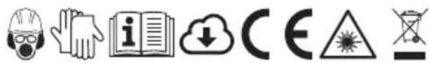 Row of eight black-and-white icons representing safety, technology, information, cloud, copyright, warning, and electrical hazard symbols.
