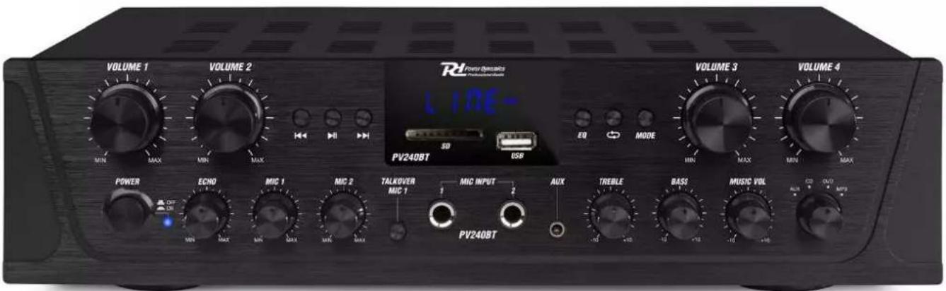 VOLUME 1 VOLUME 2 RH Power Dynamics LINE- PV240BT EQ MODE VOLUME 3 VOLUME 4 POWER ECNO MIC 1 MIC 2 TALKOVER MIC 1 MIC INPUT AUX TREBLE BASS MUSIC VOL PV240BT MIN MAX MIN MAX MIN MAX MAX MIN MAX MIN MAX MIN MAX MAX MIN MAX MIN MAX MIN MAX CD OUT MP3