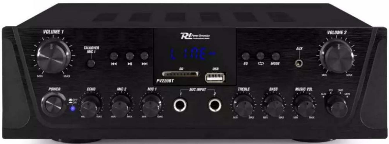 VOLUME 1 TALKOVER MIC 1 RV Power Dynamics LINE- SD USB PV220BT POWER ECHO MIC 2 MIC 1 MIC INPUT TREBLE BASS MUSIC VOL MIN MAX MODE AUX MIN MAX MIX MAX MTR MAX MFL MAX CD DVD MPD