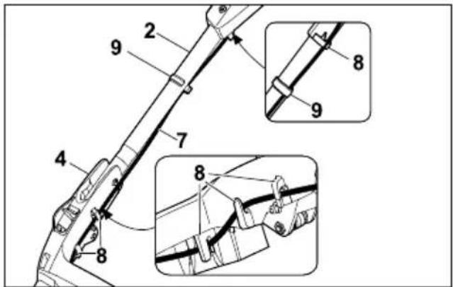 Technical diagram of a mechanical linkage with numbered components and close-up insets showing detail views.