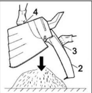 Diagram showing a hand operating a tool labeled with parts 2, 3, and 4, with an arrow indicating downward motion.