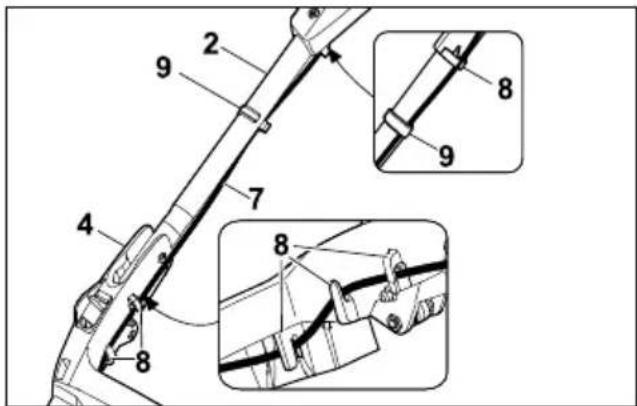 Technical diagram of a mechanical linkage with numbered components and detail views