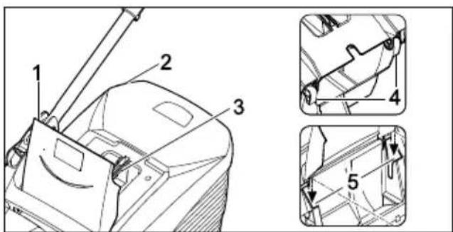 Technical diagram of a mechanical device with numbered components and three orthographic views showing internal structure details.