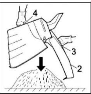 Diagram showing a hand operating a blade with labeled parts 2, 3, and 4, indicating a machining process.