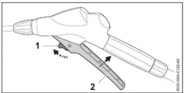 STIHL SGA 85 - Squeezing and locking the spray gun trigger - 1