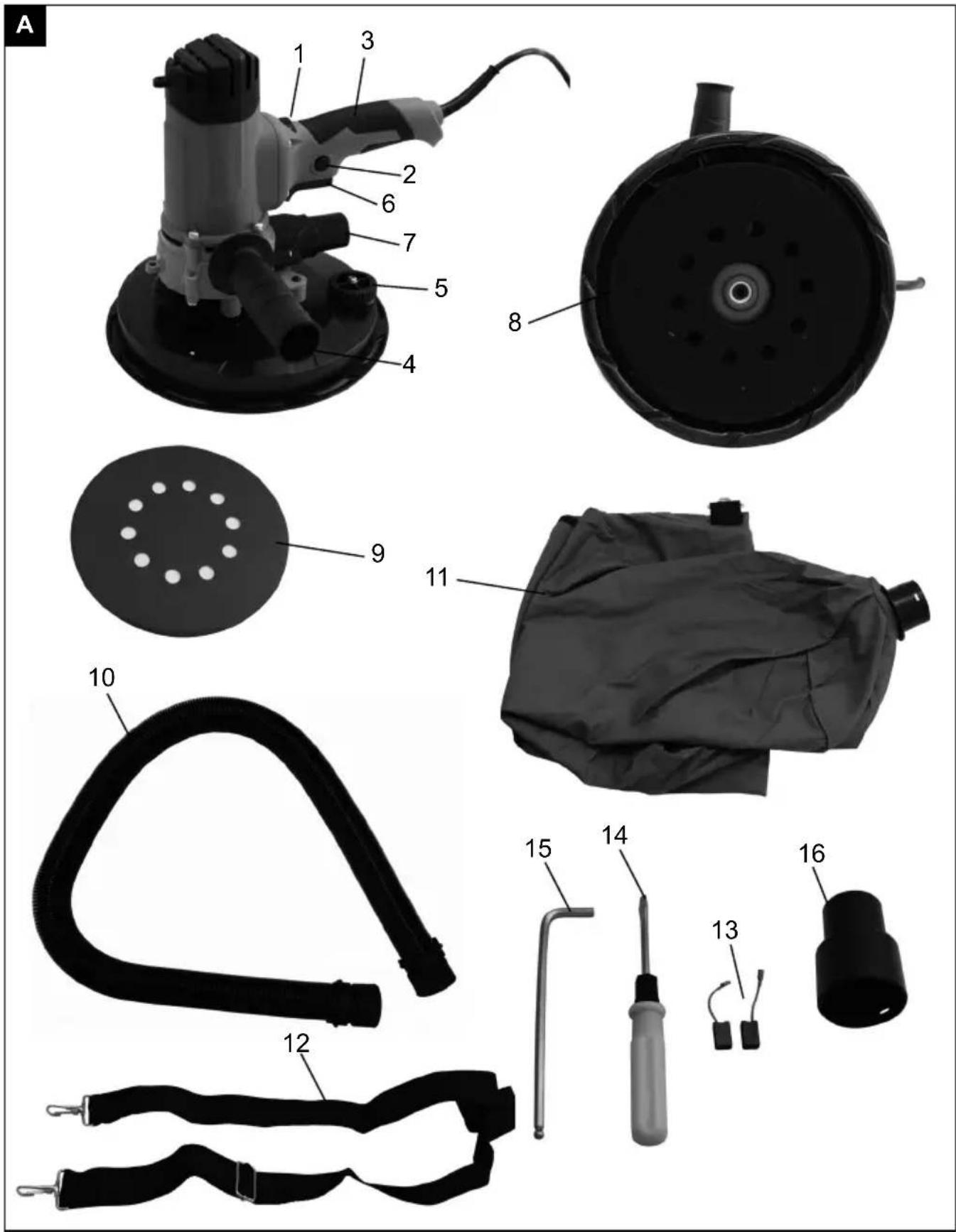 Labeled diagram of a cleaning or sandblasting tool with numbered parts for identification
