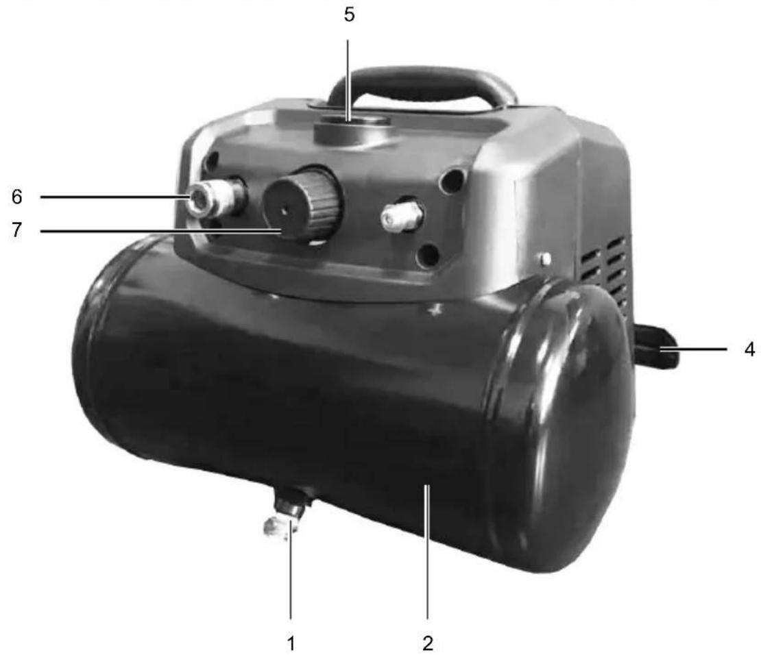 Labeled diagram of a portable air purifier with numbered parts for identification