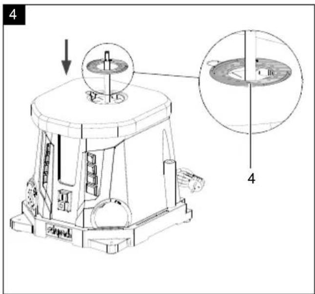 Technical diagram of a mechanical device with labeled parts and a magnified inset showing internal components.