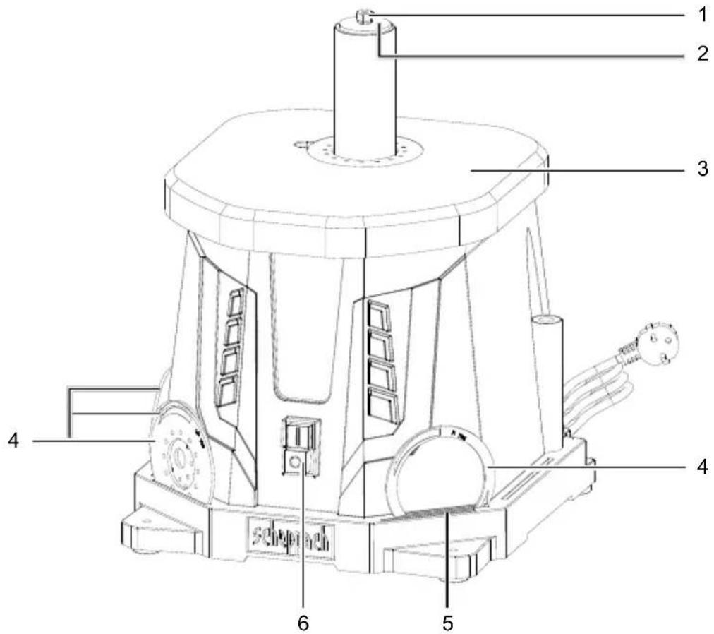 Technical diagram of a mechanical device with numbered components labeled 1 through 6