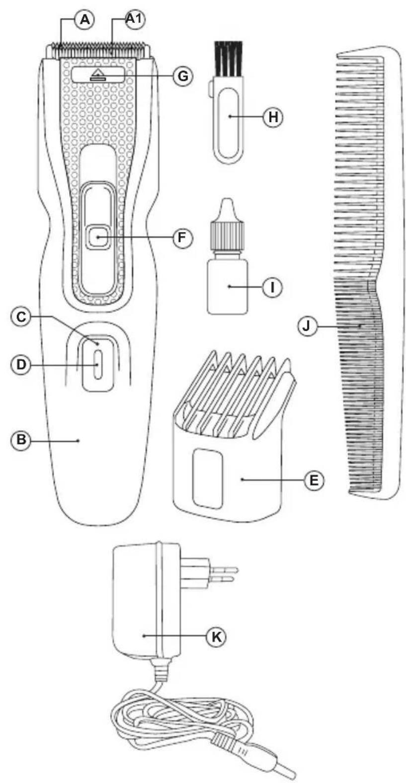 Technical diagram of a hair styling tool with labeled parts including a 12-pin brush, comb, and power adapter.