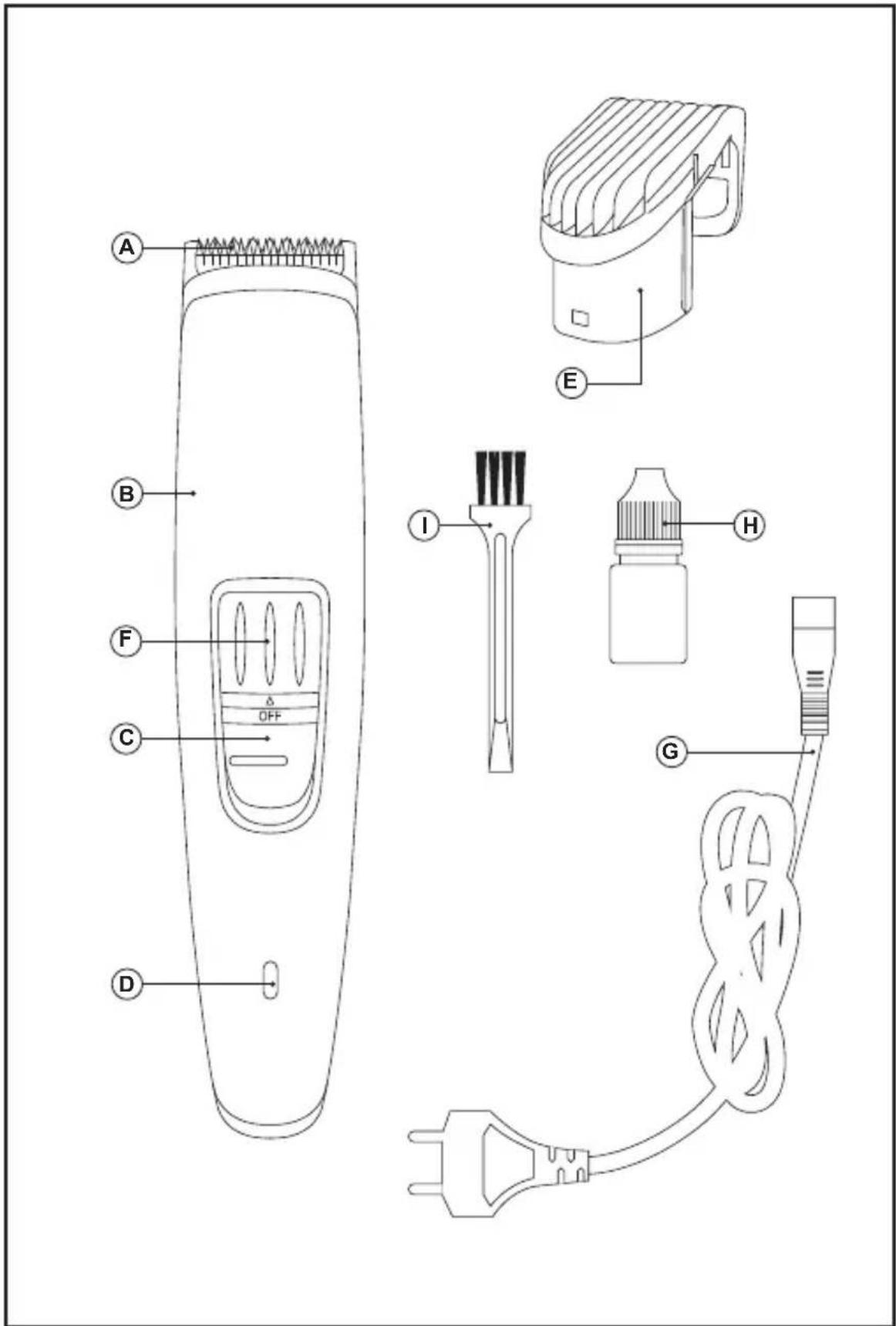 Technical diagram of a hairbrush with labeled parts including a clip, trigger, and power plug