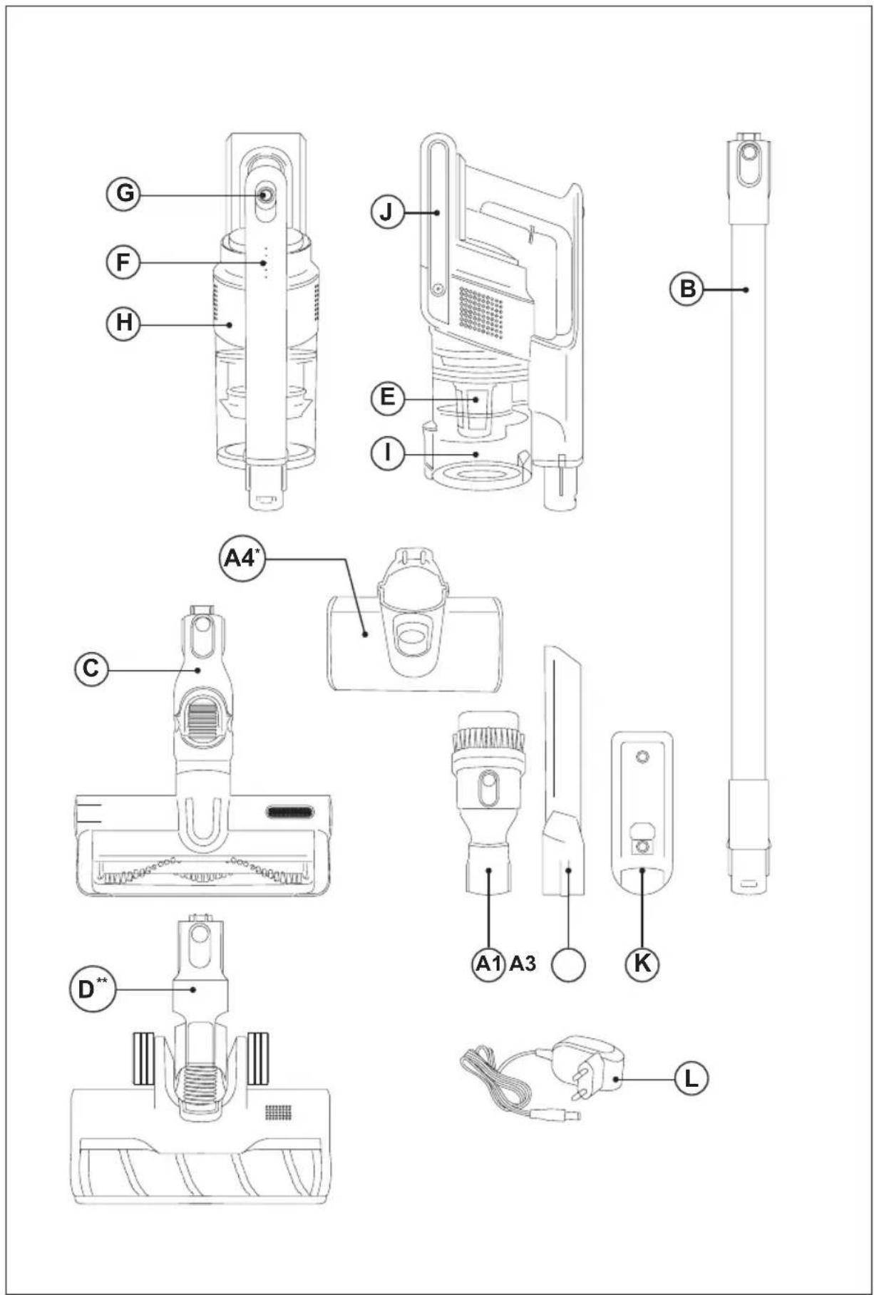 Technical diagram of a hair dryer with labeled parts including main body, front body, and accessories
