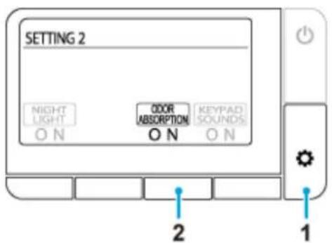 SETTING 2 NIGHT LIGHT ON ODOR ABSORPTION ON KEYPAD SOUNDS ON ON 2 1