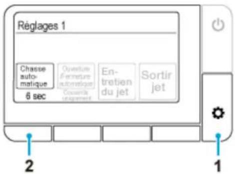 Réglages 1 Chasse automatique 6 sec Overture Automatique Couvrte l'églement Enbretien du jet Sortir jet 2 1