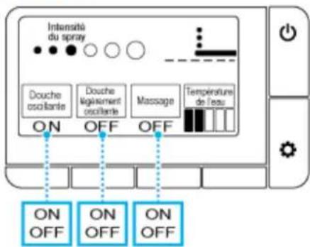 Intensité du spray Douche oscillante Douche légisement oscillante Massage Température de l'eau ON OFF OFF ON OFF ON OFF ON OFF