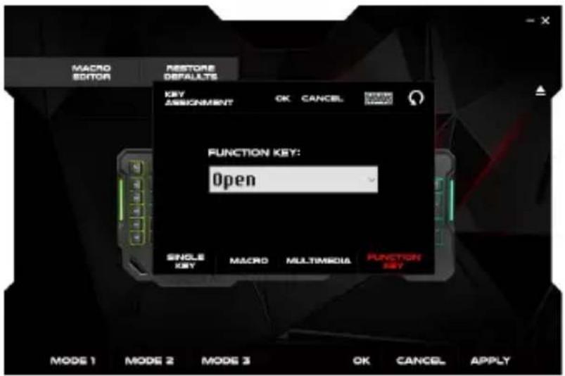 MACRO EDITOR RESTORE DEFAULTS KEY ASSIGNMENT OK CANCEL FUNCTION KEY: Open SINGLE KEY MACD MULTIMEDIA FUNCTION KEY MODE 1 MODE 2 MODE 3 OK CANCEL APPLY