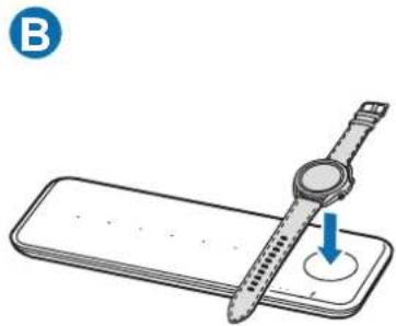 SAMSUNG EPP6300 - Place the center of supported mobile device and Galaxy Buds on the charging coil center (a) to charge it (A). You can also charge the Galaxy Watch on the watch charging coil of the wireless charger (B). - 4