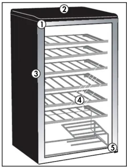 Diagram of a refrigerator with numbered compartments, showing the interior structure and storage areas.