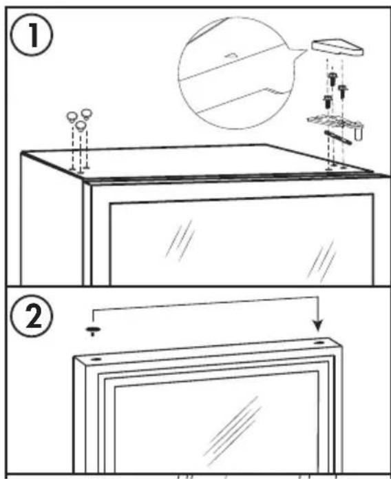 Diagram illustrating two steps of a device mounting process, labeled ① and ②, with magnified views showing component placement.