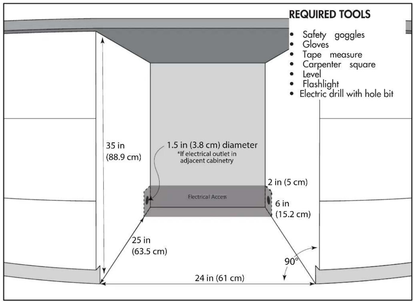 REQUIRED TOOLS Safety goggles Gloves Tape measure Carpenter square Level Flashlight Electric drill with hole bit 35 in (88.9 cm) 1.5 in (3.8 cm) diameter *If electrical outlet in adjacent cabinetry Electrical Access 2 in (5 cm) 6 in (15.2 cm) 25 in (63.5 cm) 24 in (61 cm) 90°
