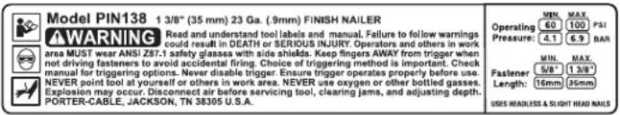 Porter-Cable PIN138 - WARNING LABEL REPLACEMENT - 1