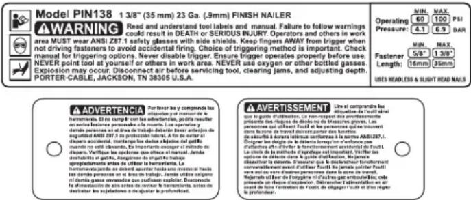 Porter-Cable PIN138 - REEMPLAZO DE LAS ETIQUETAS DE ADVERTENCIA - 1