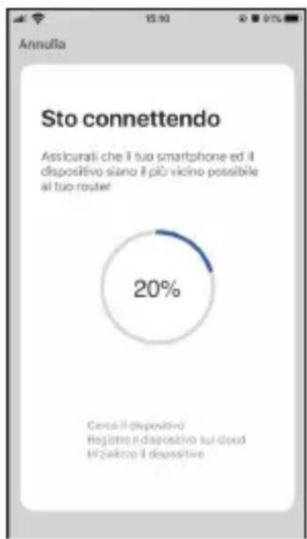 Annulla Sto connettendo Assicurati che il tuo smartphone ed il dispositivo siano il più vicino possibile al tuo router 20% Cerco il dispositivo Registro i dispositivo sul-cloud Bilgazioni il dispositivo