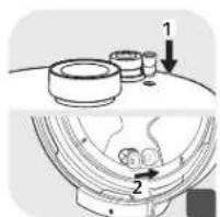 Diagram showing a mechanical assembly with labeled parts and directional arrows, likely illustrating a motion or assembly process.