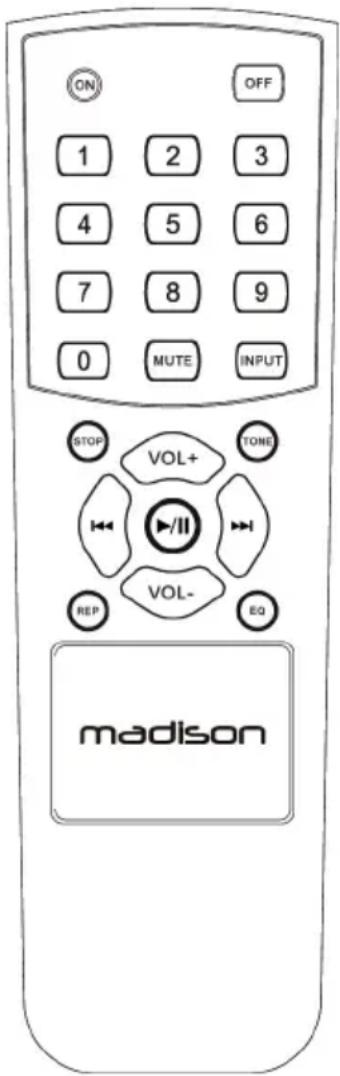 ON OFF 1 2 3 4 5 6 7 8 9 0 MUTE INPUT STOP VOL+ TONE //II VOL- EQ REP madison