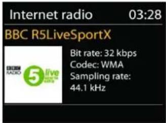 Internet radio 03:28 BBC R5LiveSportX BIT rate: 32 kbps Codec: WMA Sampling rate: 44.1 kHz
