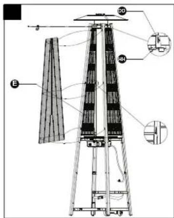 Technical diagram of a tower structure with labeled components and cross-sectional views