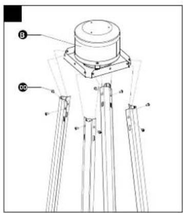 Technical diagram of a mechanical assembly with labeled components A and B, showing structural elements and alignment indicators.