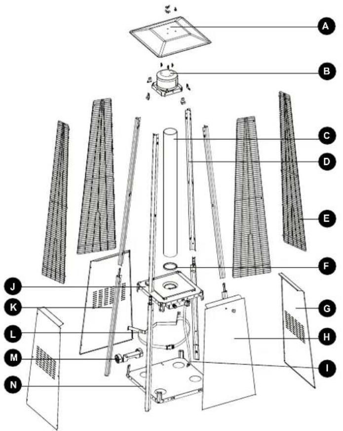 Exploded view diagram of a solar panel assembly with labeled components from A to N