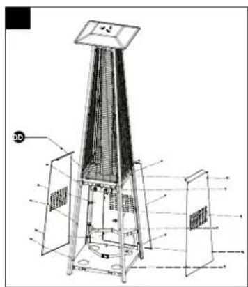Technical diagram of a vertical-mounted industrial or thermal device with labeled components and internal structure