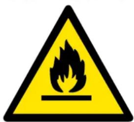 Warning sign depicting a flame symbol in yellow and black on white background